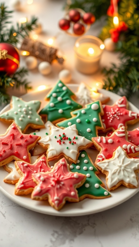 Delicious 5-Star Christmas Cookies Recipe A plate of decorated Christmas cookies in festive shapes, surrounded by holiday decorations.